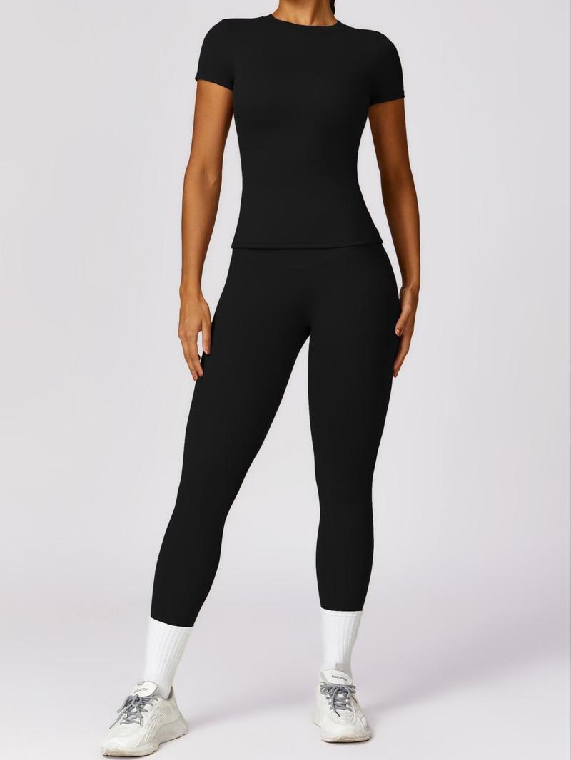 Women's Plain Round Neck Crop Tee & High Waist Leggings Yoga Set, Breathable Quick-Drying Short Sleeve T-Shirt & Skinny Pants Set for Gym Workouts and Running, Ladies' Sportswear for All Seasons, Athleisure Wear
