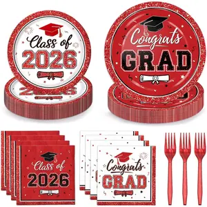 2026 Graduation Plates and Napkins, Red and White Graduation Decorations Class of 2026, Disposable Plates, Napkins and Forks Party Supplies for Congrats Grad Party Decorations, Serves 50