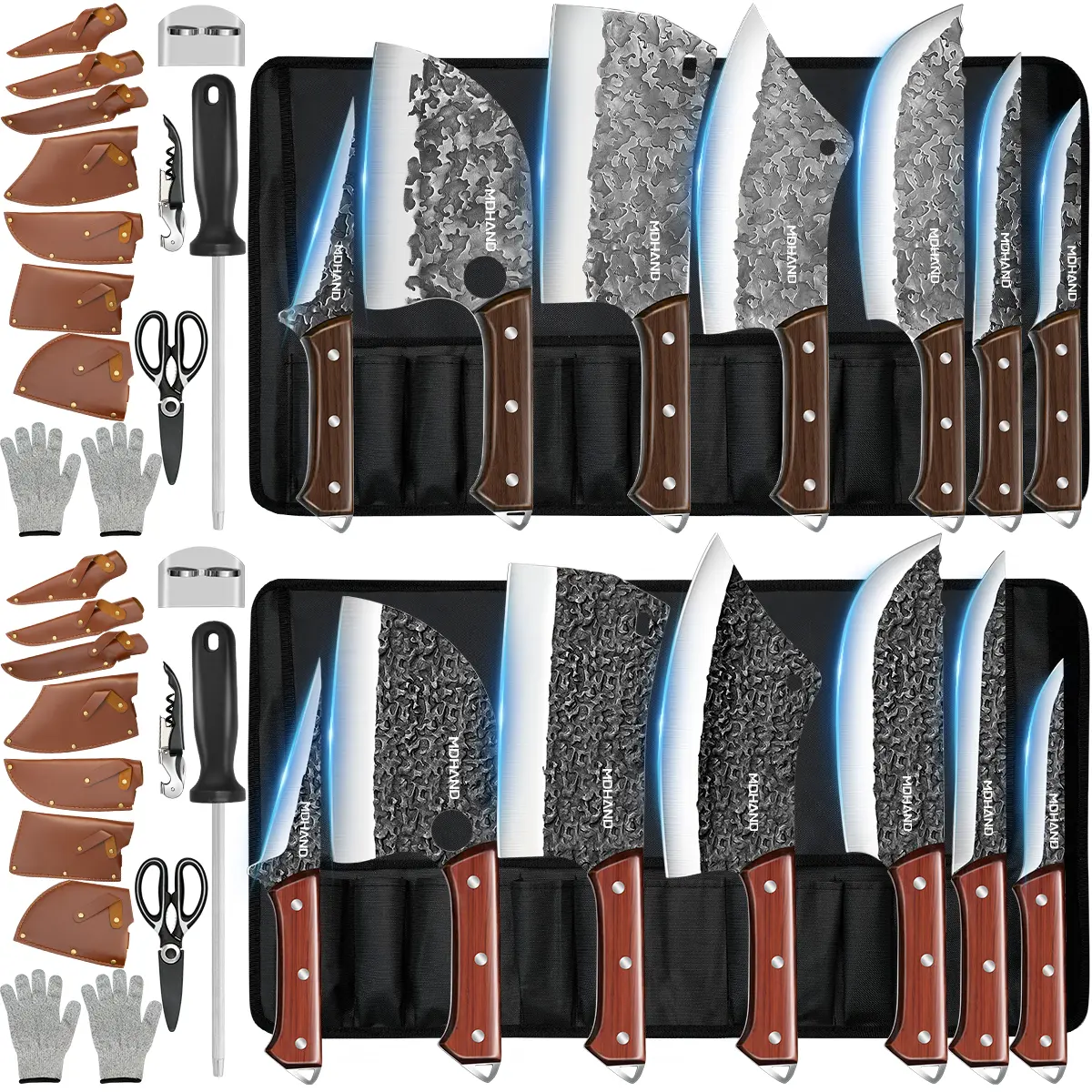 MDHAND 2Pack Set, MDHAND Butcher Knife Set, Hand Forged Kitchen Chef Knife Set with Roll Bag | High Carbon Steel 14PCS Meat Cleaver Knife, Bone Chopper Knives, Fillet Knives for Kitchen, Christmas gift!