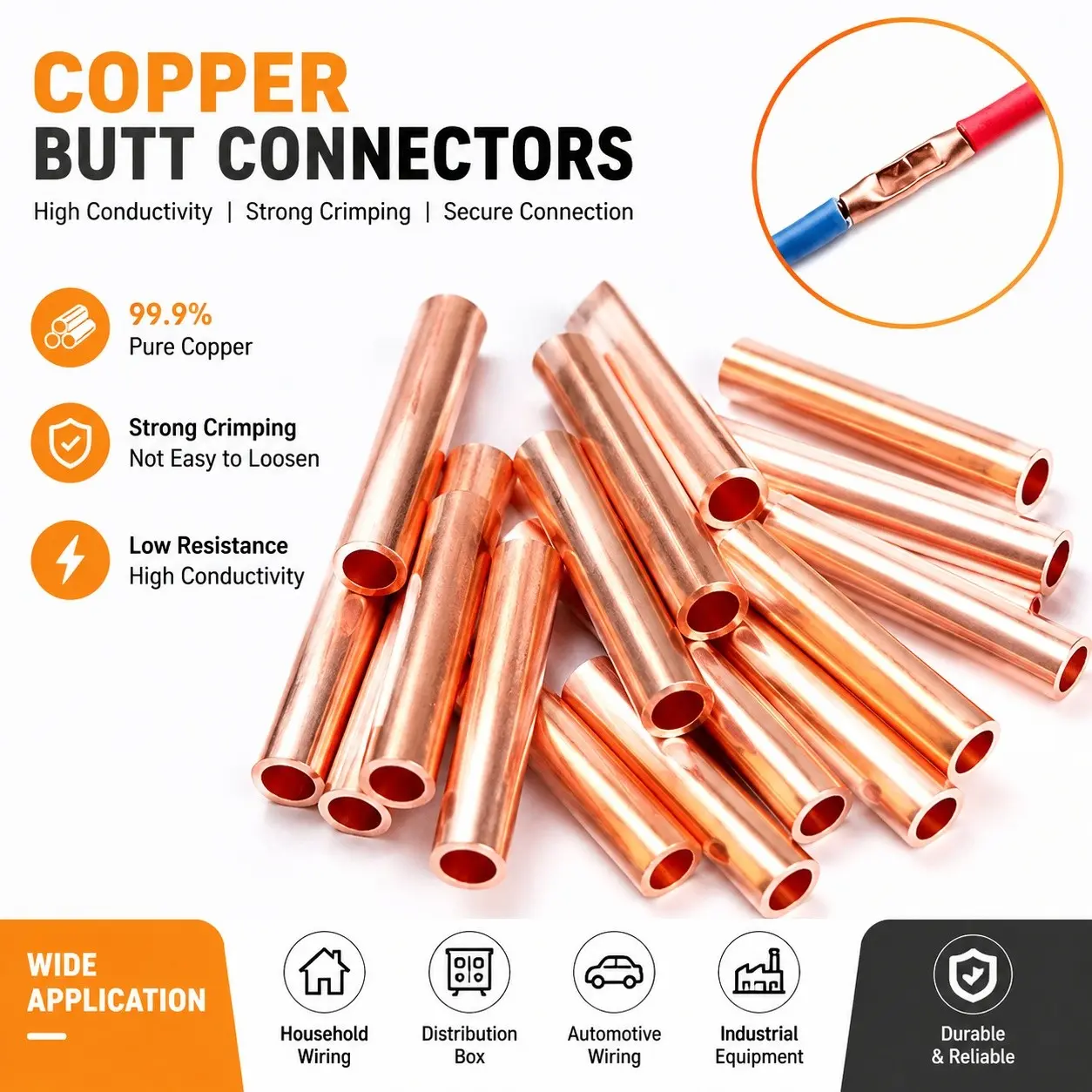 100 Copper Tubes, Wire Crimping Straight Through Middle Connector, Automotive Household Wiring Harness Connector, Crimp Connectors
