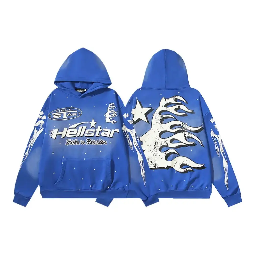 HELLSTAR Certified Professional Y2K Premium Washed Klein Blue Pullover Hoodie Paint Splatter Flaming Face Silhouette Star Graphic Front Back Sleeve Print Kangaroo Pocket Mens Standard Fit Hip Hop Grunge Streetwear Fall Winter Festival Concert Holiday Gift