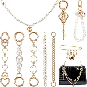 9 Pcs Gold Handbag Straps Pearl Purse Chain Extender Bag Chain Strap Adjustable Replacement with Safety Pin Charms Set for Women Cross-body Handbags Tote Shoulder Bags Strap Accessories