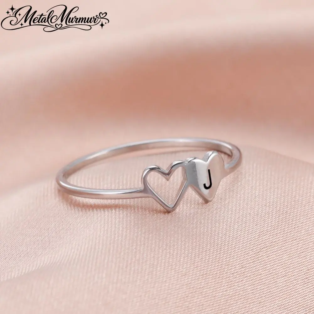 Unisex Adjustable Small Customized 26-Letter Alloy Double Heart Open Ring, Stainless Steel Charm Luggage & Bag Accessory Gift for Her & Him (o,v,q), D, W, Love Gift, Gift Idea