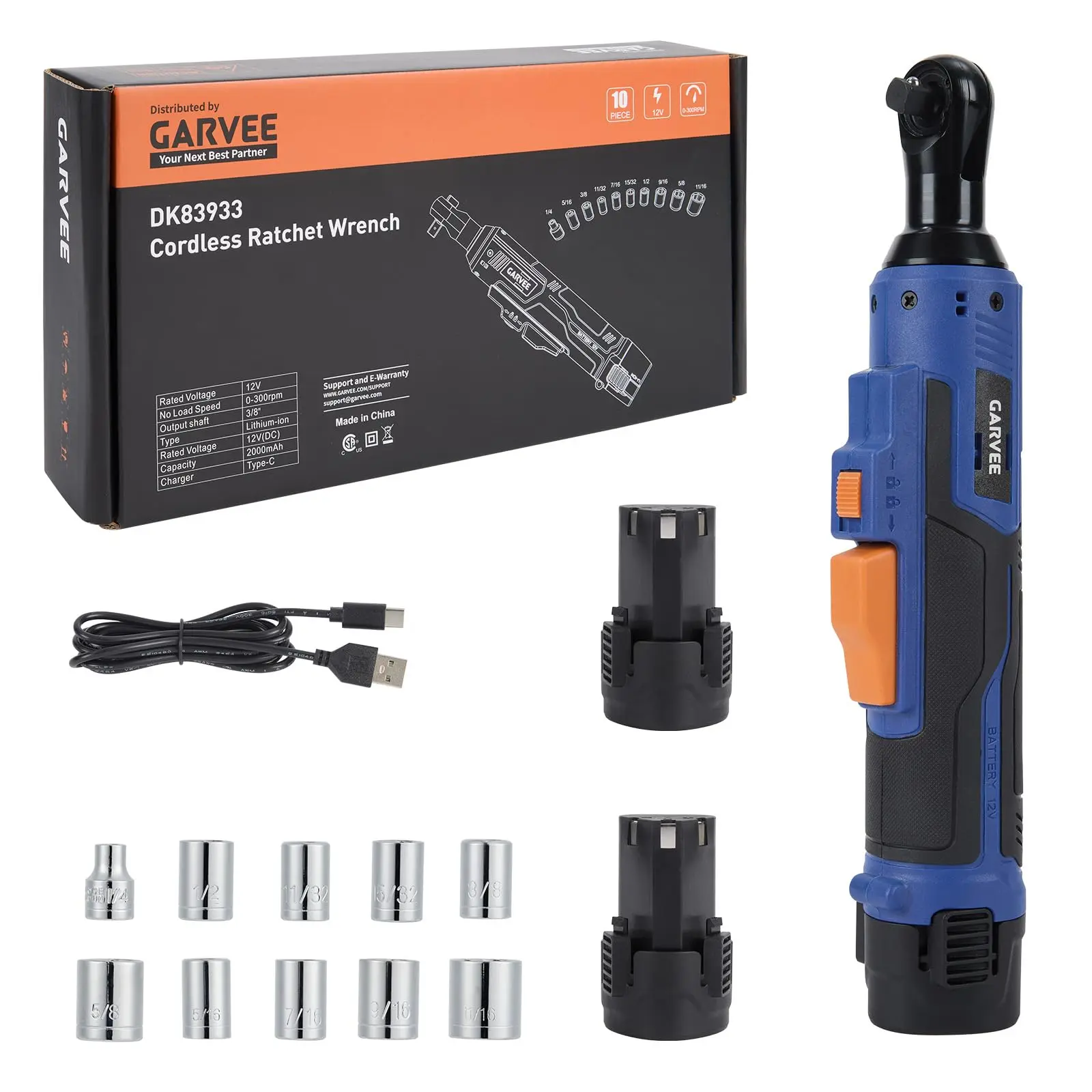 Garvee 3/8" Cordless Ratchet Wrench Set, 45Nm High Torque Electric Ratchet with 300RPM Variable Speed, Data Cable, 21V Max & 2×2.0Ah Batteries, 10 Sockets, LED Work Light