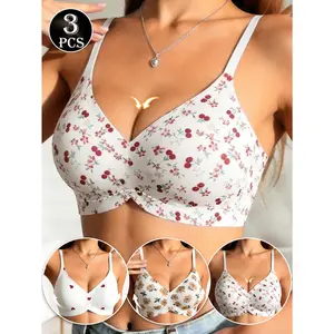 [Wire-Free Push-Up Bras] Three-Pack Women's Wire-Free V-Neck Random Print Bras, Multiple Color Options, Adjustable and Comfortable Jelly Gel Simple Style Push-Up Bras, Suitable All Seasons