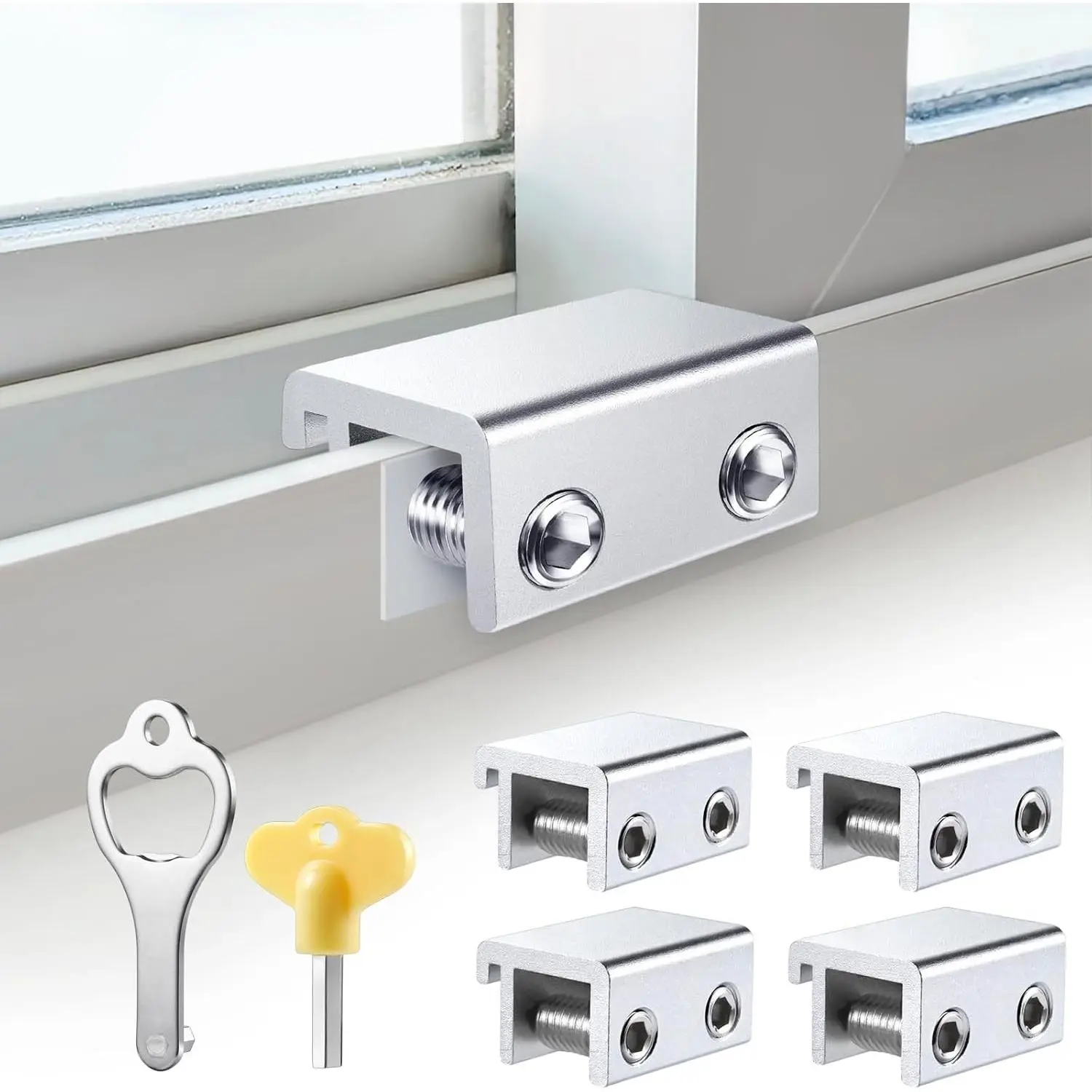 Sliding Window Locks 4 Sets, Adjustable Aluminum Security Window Stops with Keys, No Drilling Easy Installation, Fit for Vertical & Horizontal Sliding Windows, Silver