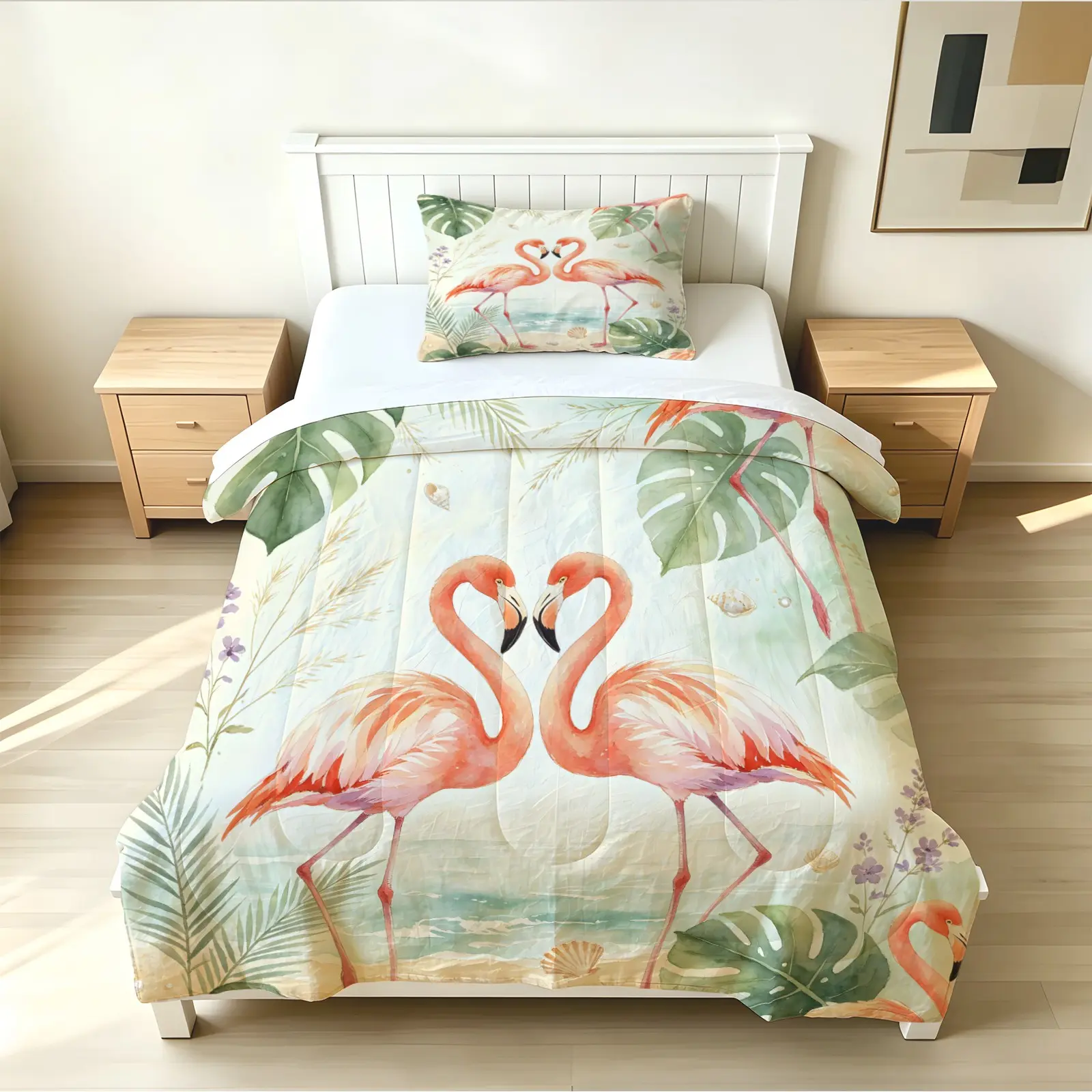 2/3Pcs Flamingo Tropical Watercolor Multi-Print Quilt Set, Made of Smooth and Breathable Polyester Fabric, All-Age and All-Scene All-Season Complete Bedding Set (Comes with Filled Quilt Inner, Pillow Inserts Not Included)