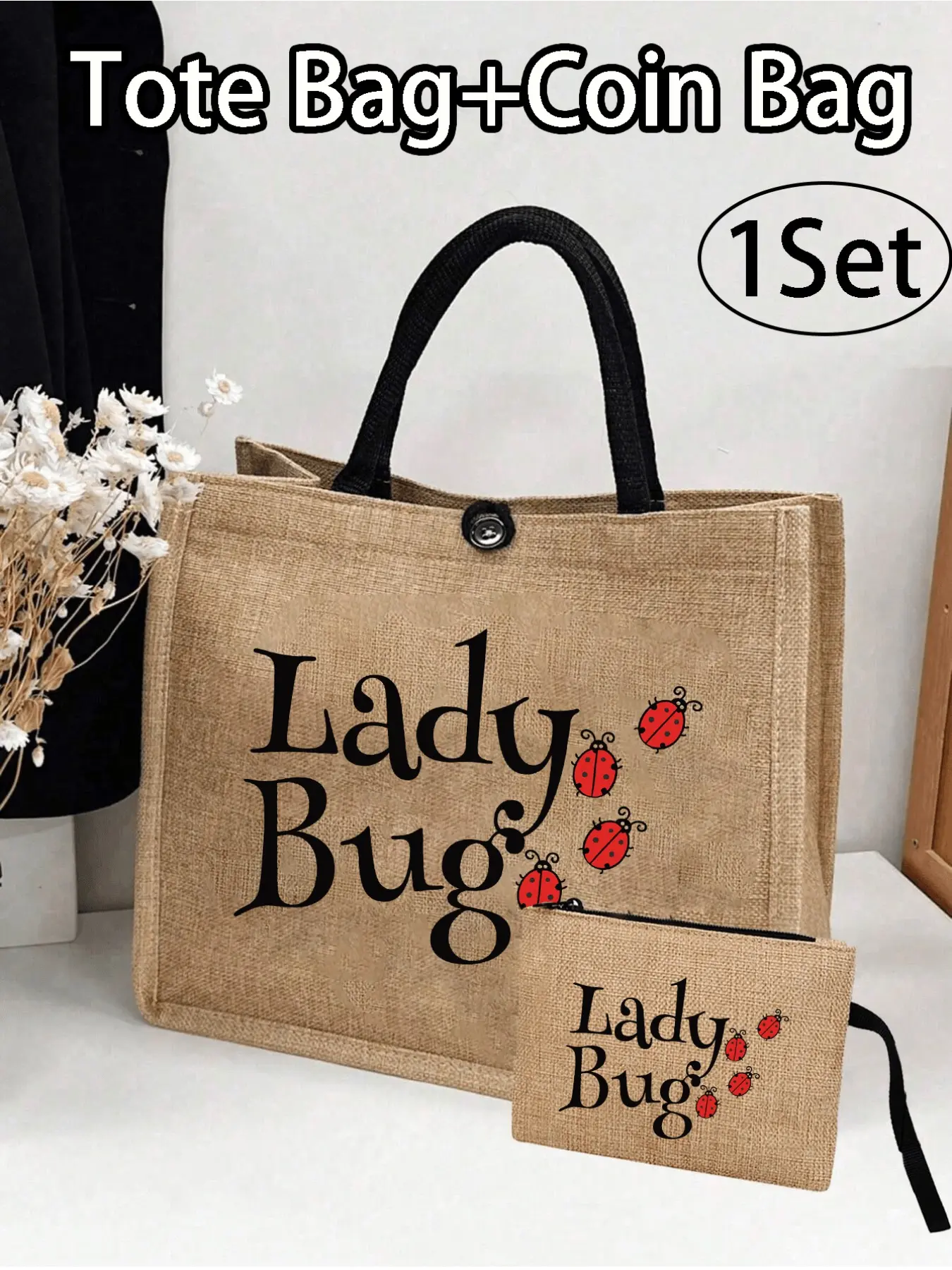 Khaki linen tote set with ladybug patterns, clasp shoulder bag paired with matching zipper cosmetic pouch. Perfect Mother’s Day gift for animal lovers, great for beach, wedding, travel and back-to-school use.
