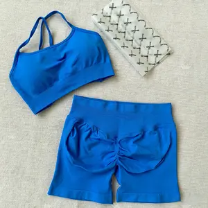 DFYNE Women's Cross Back Sports Bra & Scrunch Butt Shorts Set – High Waisted Workout Yoga Gym Outfit