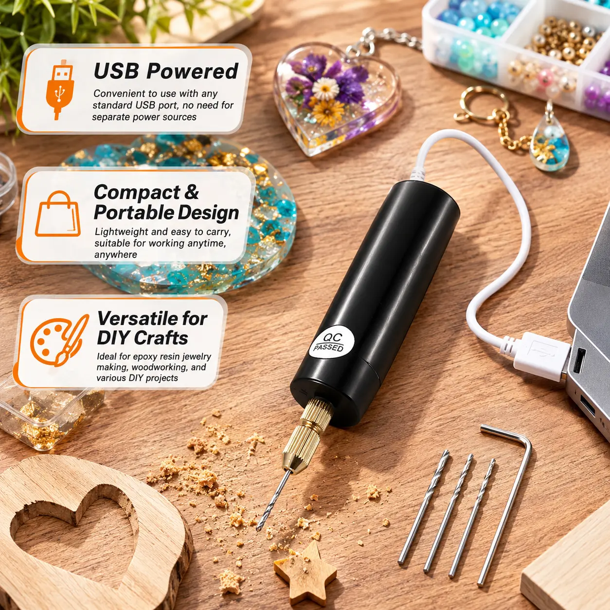 Mini Precision 5V USB Powered Electric Hand Drill Tool Set - Straight Handle, Millimeter-Compatible, for DIY Resin Crafts, 3 Bits + Wrench, Mini Precision Drill