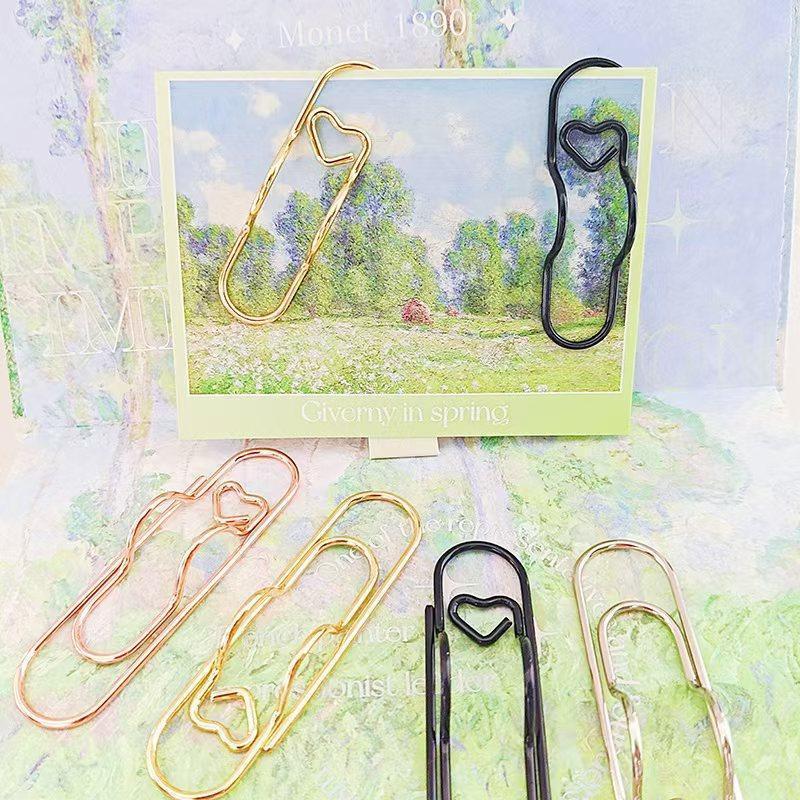 1 Box 6Pcs 3 Colors Heart Pen Clip Metal Pencil Clips Multifunctional Rose Gold Silver Carbon Steel Paperclip Portable Large Size Holder for Notebook Book Journal Office School Accessories