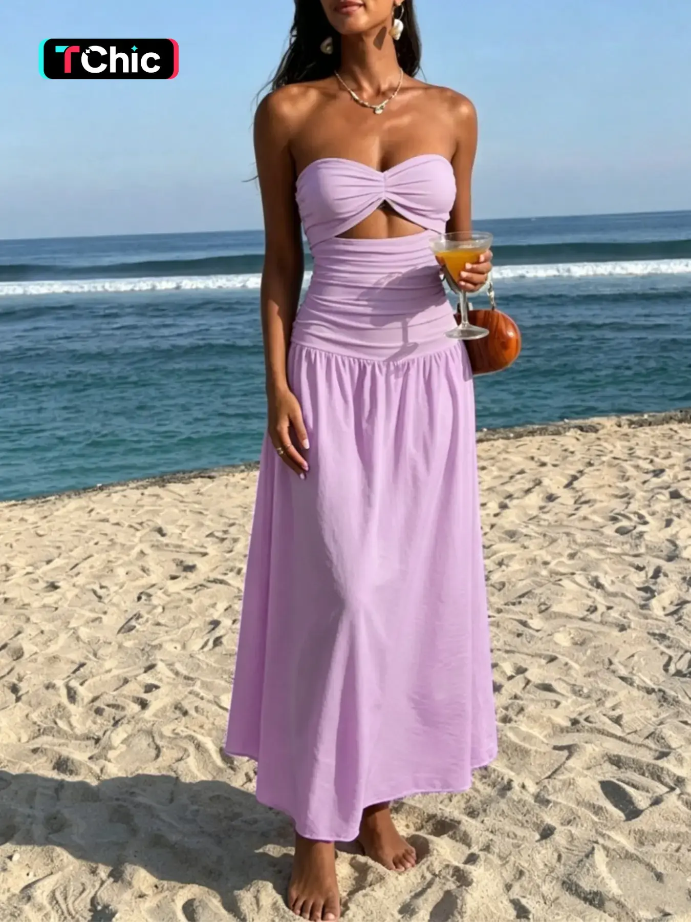 Sexy Chic Two Fabric Spliced Contrast Sheer Cutout Strapless A-Line Maxi Dress for Beach Resort Wear Holiday Summer Beach Holiday Dresses