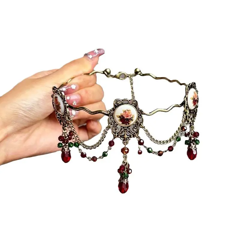 Women's Vintage Baroque Heavy-Craft Rose Tassel Choker Necklace, Niche Elegant High-End Antique Costume Jewelry Accessory chains cross necklace