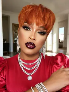 Pixie Cut Wig Orange Color Human Hair 150% Density Machine Made Wig with Bangs Short Wig For Women