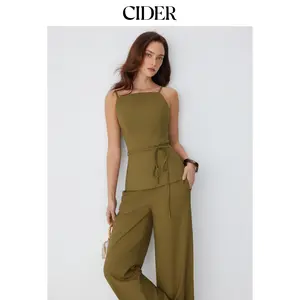 Cider Linen-blend Tie Waist Cami Top & Mid Rise Straight Leg Trousers Set