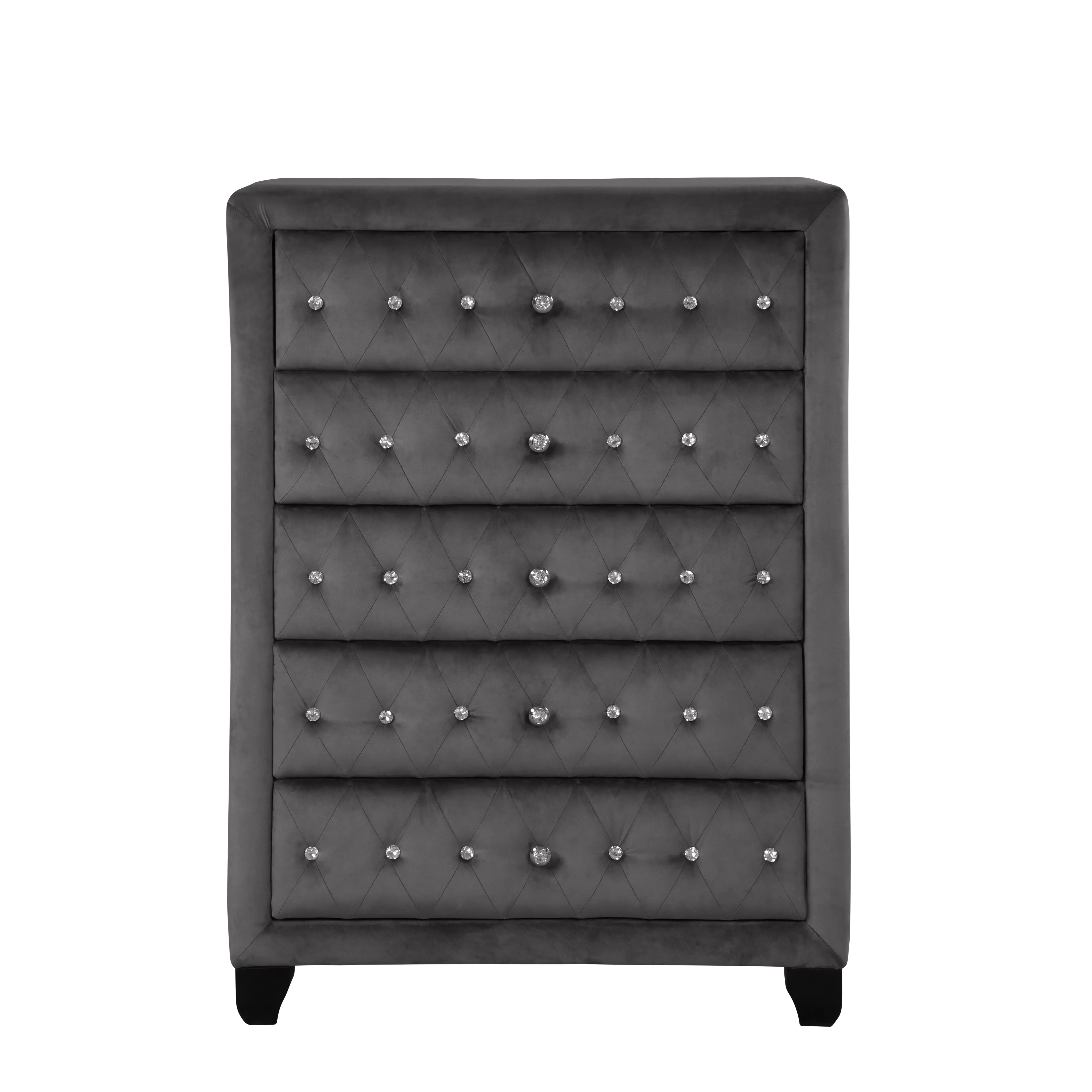 Nokaa Crystal Tufted Velvet 5-Drawer Chest for Bedroom Storage, Gray Upholstered Wood Dresser with Acacia Frame, Full Extension Metal Glides, Contemporary Style, 36W x 16D x 49H