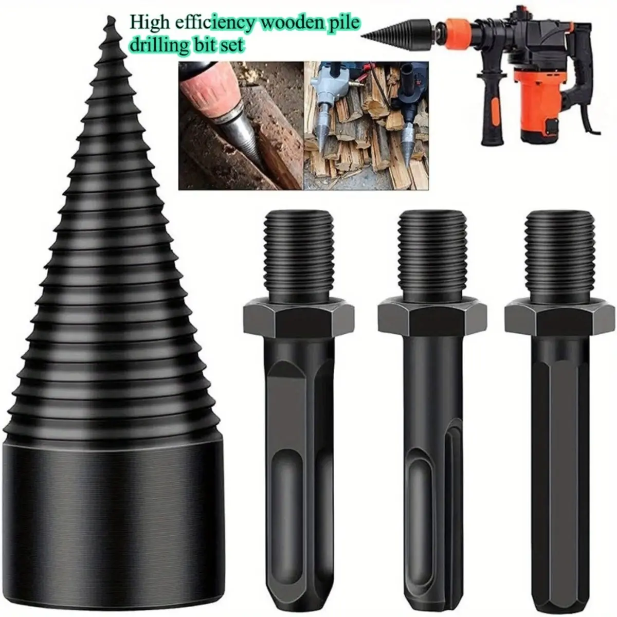 Premium 4-Piece Heavy Duty Firewood Splitter Drill Bit Set, High-Quality Metal Bits Wood Splitting Screw Cone Driver, Professional Log Splitter Auger Tool Kit with Square Hex Round Shanks, Elegant Gift for Men Dad