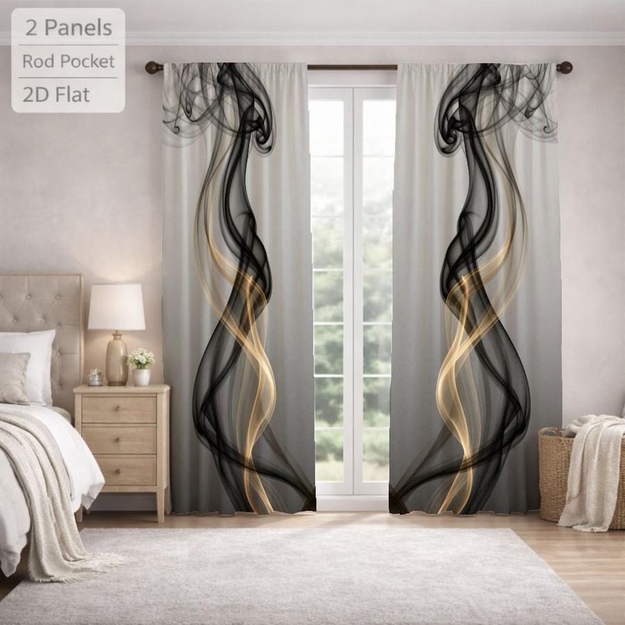 2Pcs Abstract Gold Black Smoke Pattern Sun Blocking Curtains Digital Printed Rod Pocket, Window Treatment For Bedroom Office Kitchen Living Room Study Home Decor