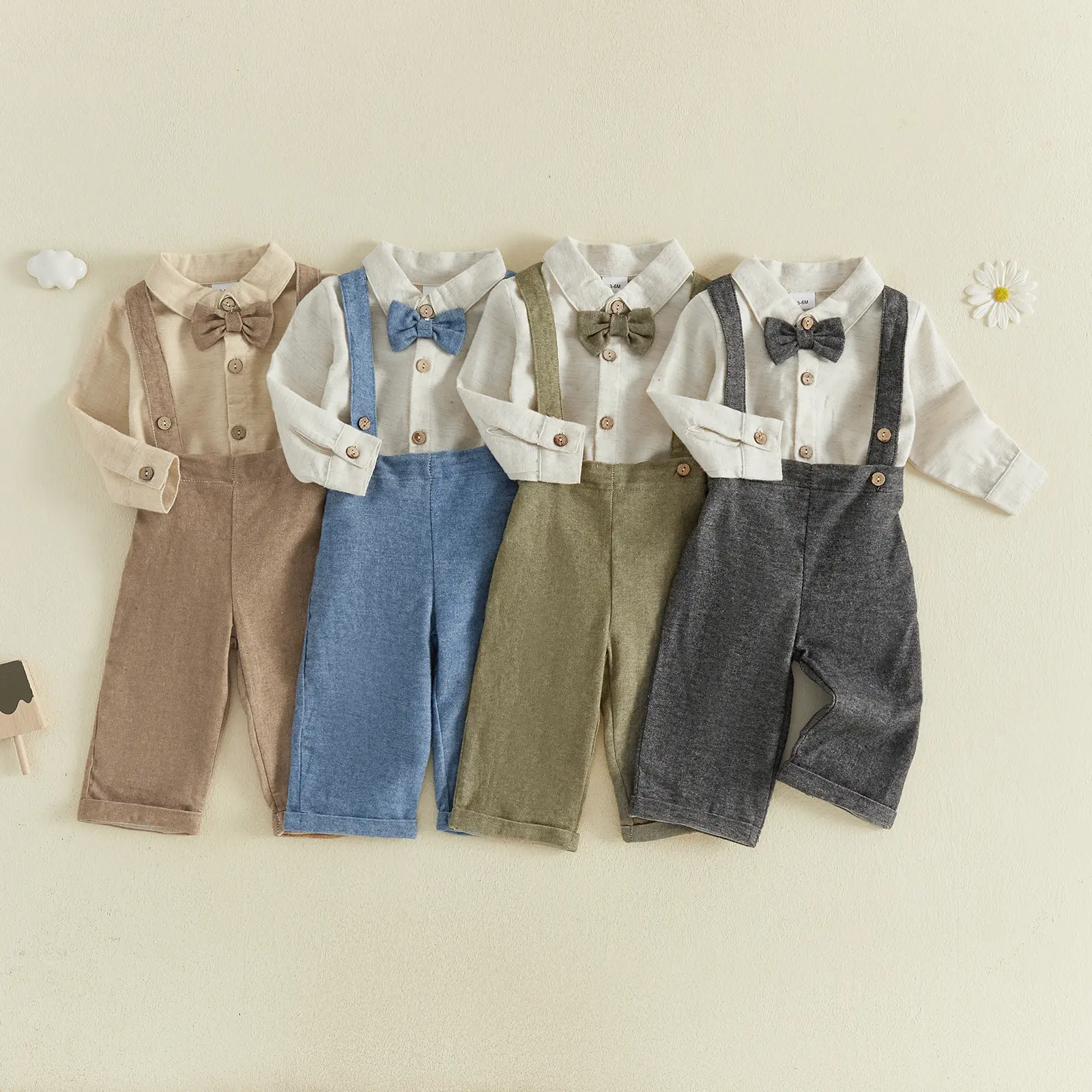 Infant Baby Boy Gentleman's Suit Solid Long Sleeve Romper Suspender Pants Outfit Fall Winter 0-18 Months