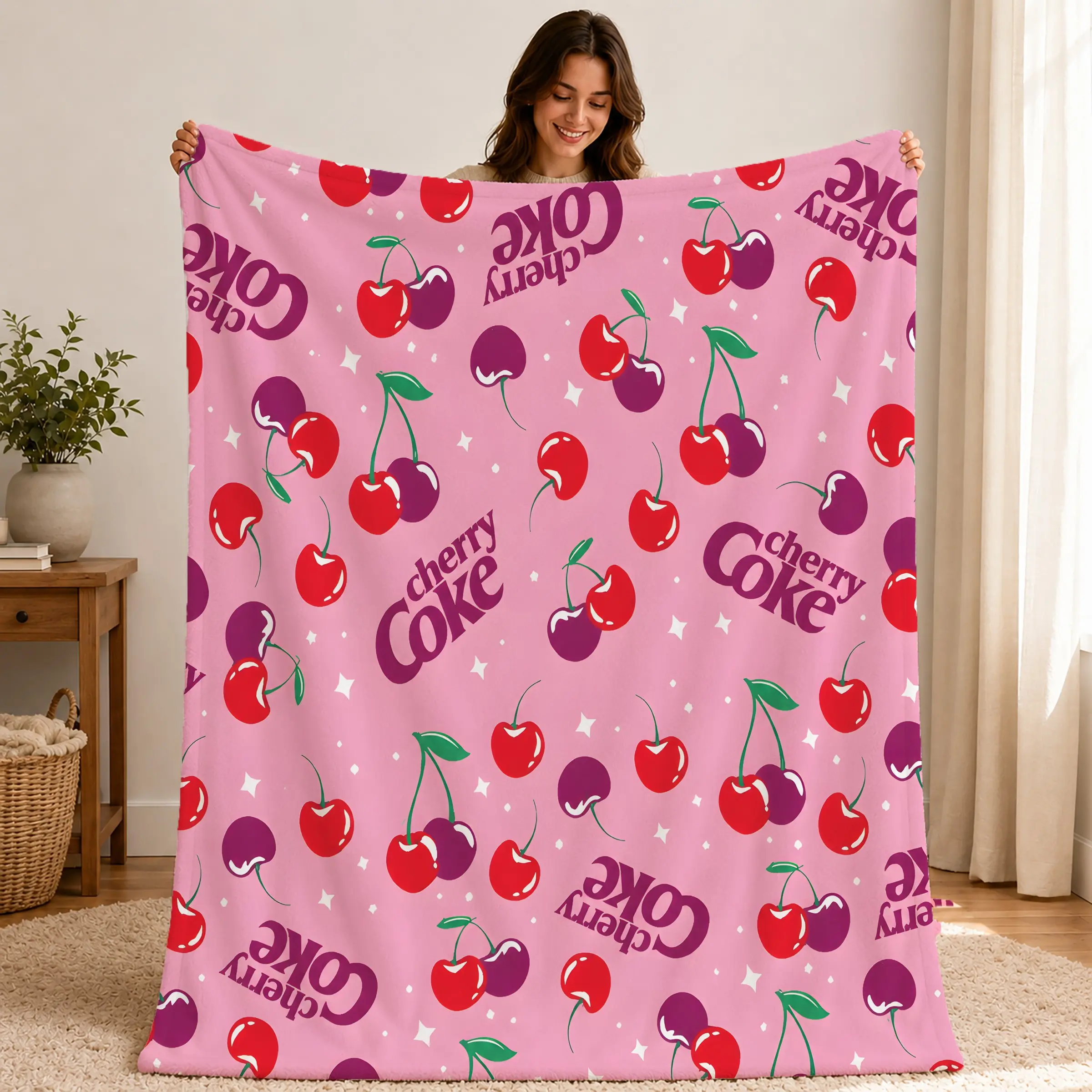 Cherry Coke Limited Edition Flannel Blanket, Sweet Retro Cherry Letter Print, Soft High-Density Flannel, Perfect for Sofa, Bed, Office, Photography