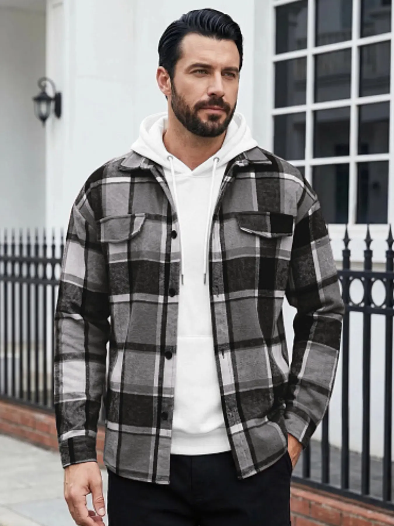 American Vintage Plaid Shirt Jacket for Men, Spring Fall Loose Fit Notch Lapel Casual Long Sleeve Cardigan Top, Stylish Outerwear