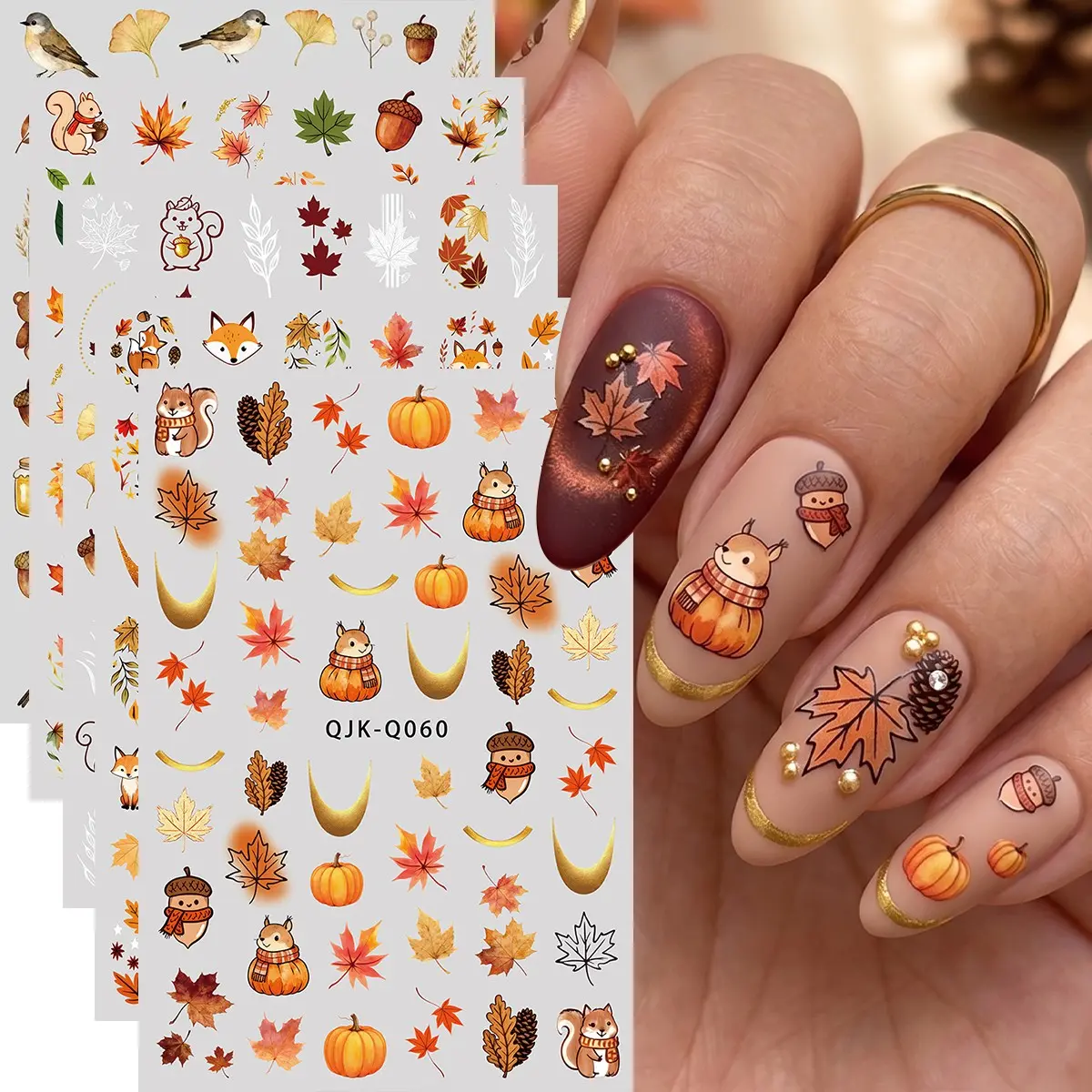 5 Autumn Leaf Cartoon Animal Nail Stickers, Ginkgo Leaf, Bear, Honey, Squirrel, Pinecone Patterns Nail Decals Sliders, DIY Thanksgiving Nail Art Decorations