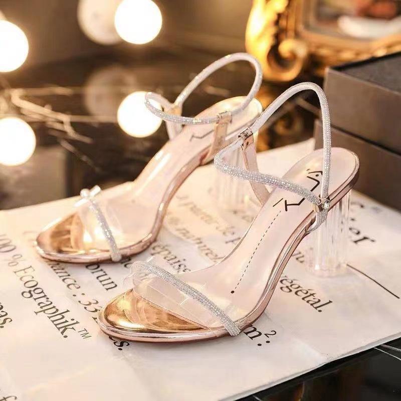 Crystal High Heeled Shoes for Women Popular Online Transparent French Style Strap Sandals Fairy Style Chunky Heels Summer