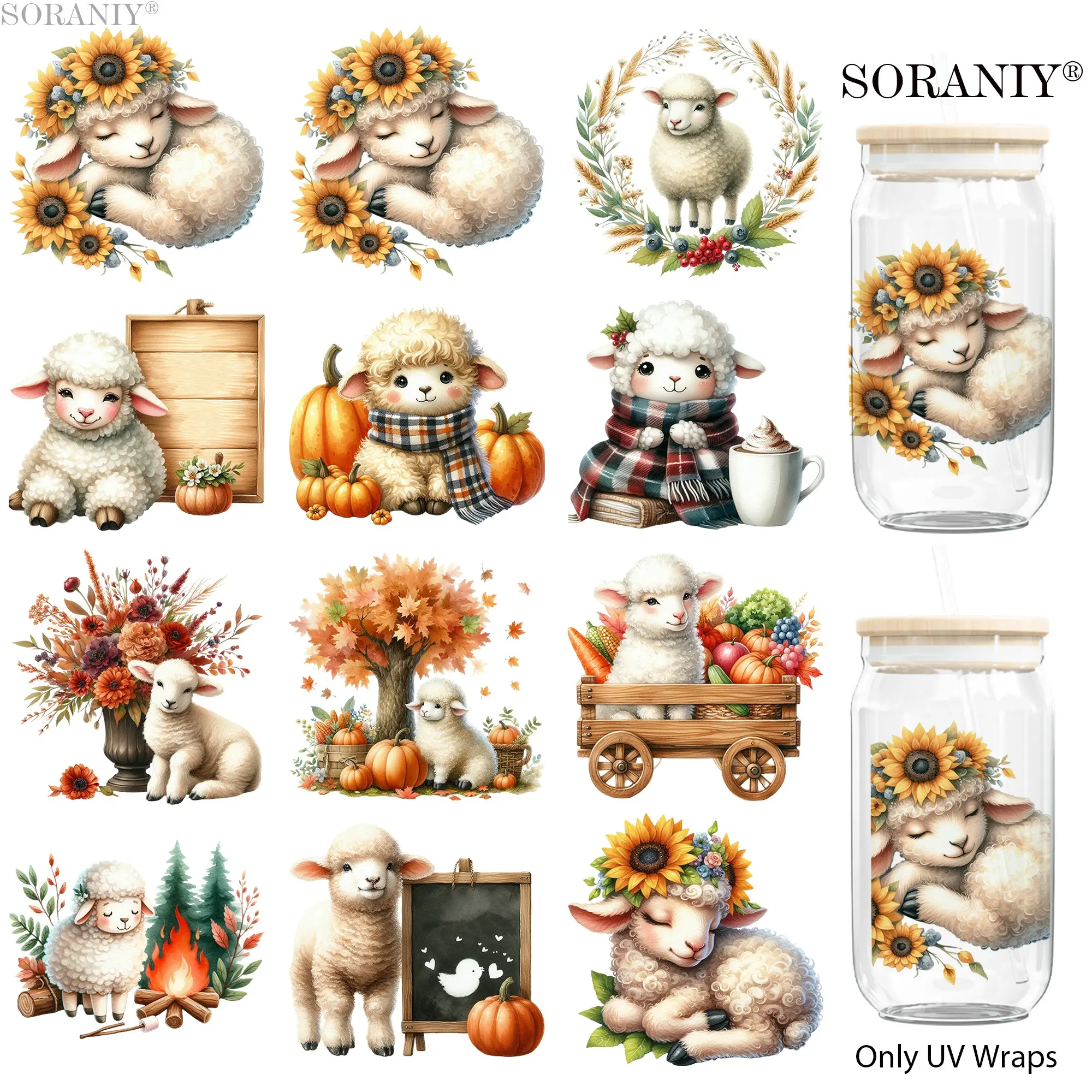 UV DTF Water Cup Transfer Stickers, 12 Fall Lamb Theme Waterproof Stickers, DIY Home Decor, High Adhesive, Easy to Use, Gift Idea