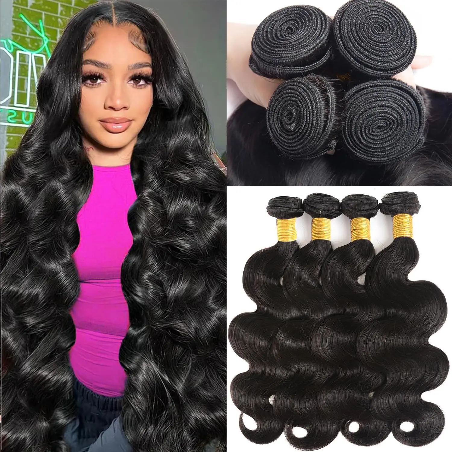 Brazilian Virgin Human Hair Body Wave Bundles – Natural Black, Soft Silky Weave with Full Volume, Thick Ends and Natural Shine for Sew-In & Quick Weave