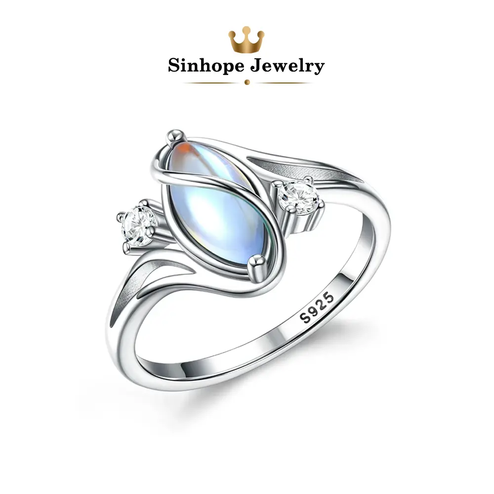 S925 Sterling Silver Marquise Moonstone Ring, Twisted Vine Design Ring with Side Clear Zircon, Band Width 3.2mm, Weight 4.7g, Hypoallergenic Fine Jewelry, Elegant Minimalist Stackable Ring, Romantic Daily Wear Birthday Gift for Women