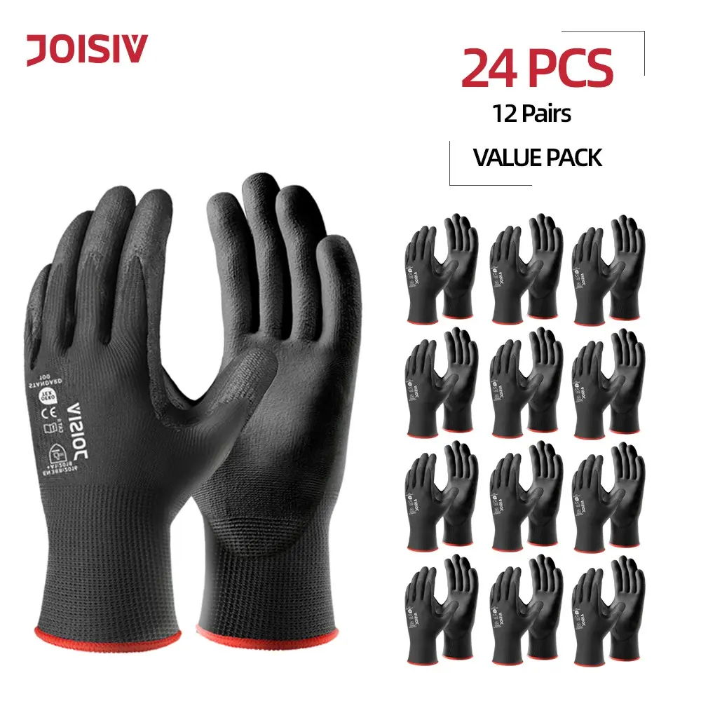 Joisiv 12 Pairs PU Coated Protective Work Gloves, Lightweight Anti-Slip Durable, Excellent Grip, Breathable Comfort, Ideal for Warehouse, Construction, Gardening, Assembly, Logistics