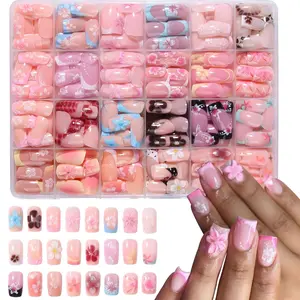 576pcs Short Square French Press-On Nails, 3D Gel Flowers, Peony Nail Art, Polka Dot and Leopard Patterns, Acrylic False Nails Set