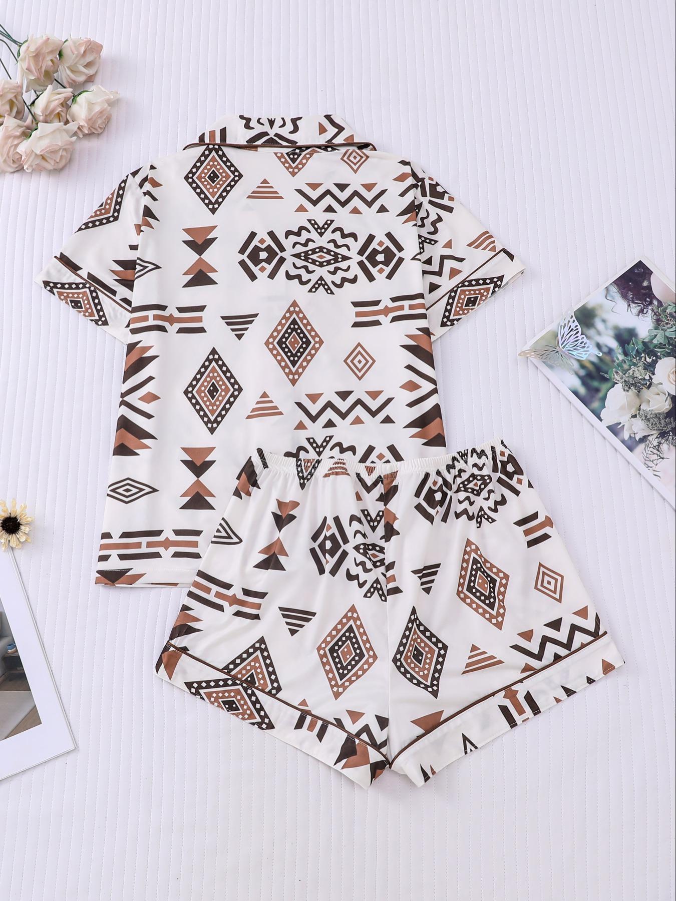 Women's Button Up Shirt & Shorts Pyjama, Casual Comfy Short Sleeve Top & Shorts PJ Set, Ladies Sleepwear for All Seasons, Loungewear, Pajamas