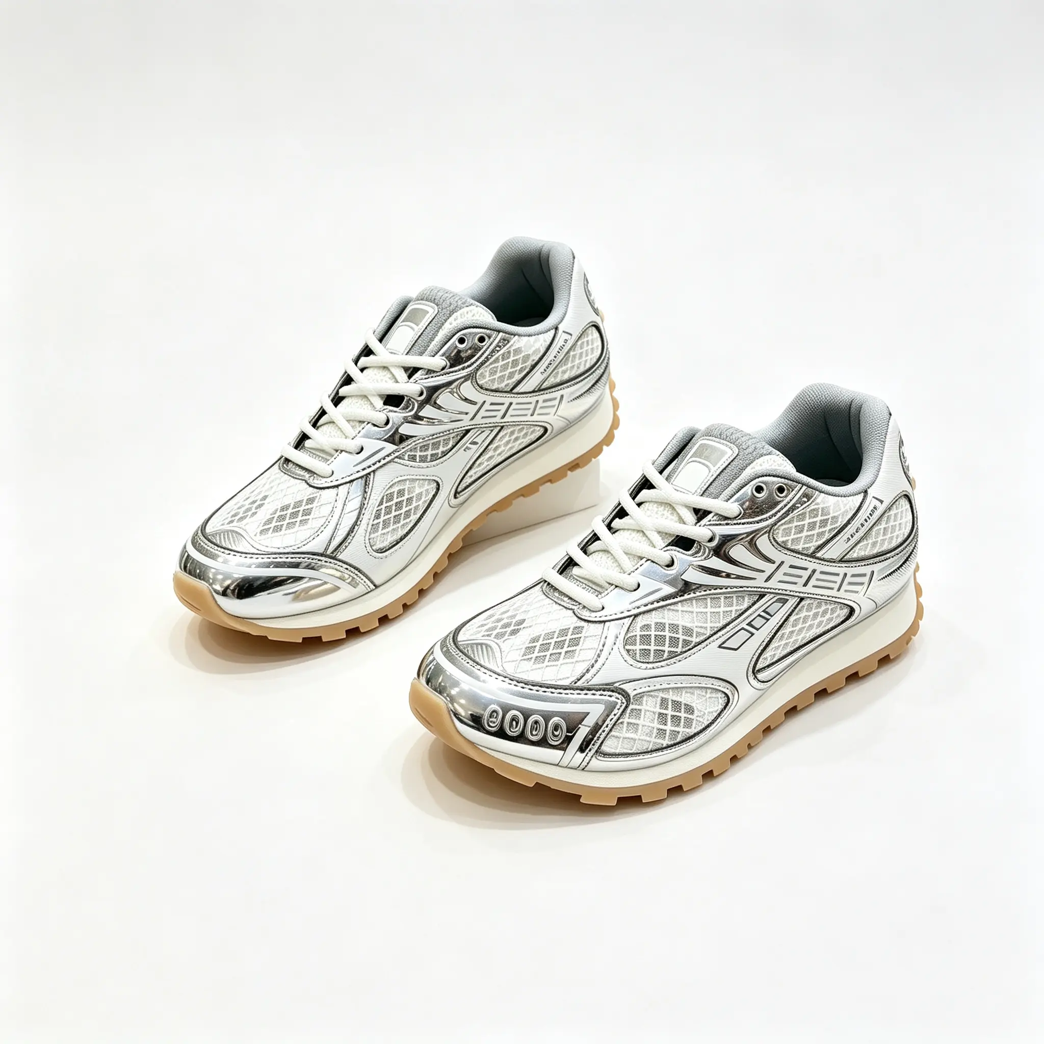 Vintage Style Silver White Mesh Unisex Sneakers Lace Up Breathable Gum Outsole Light Sports Walking Shoes