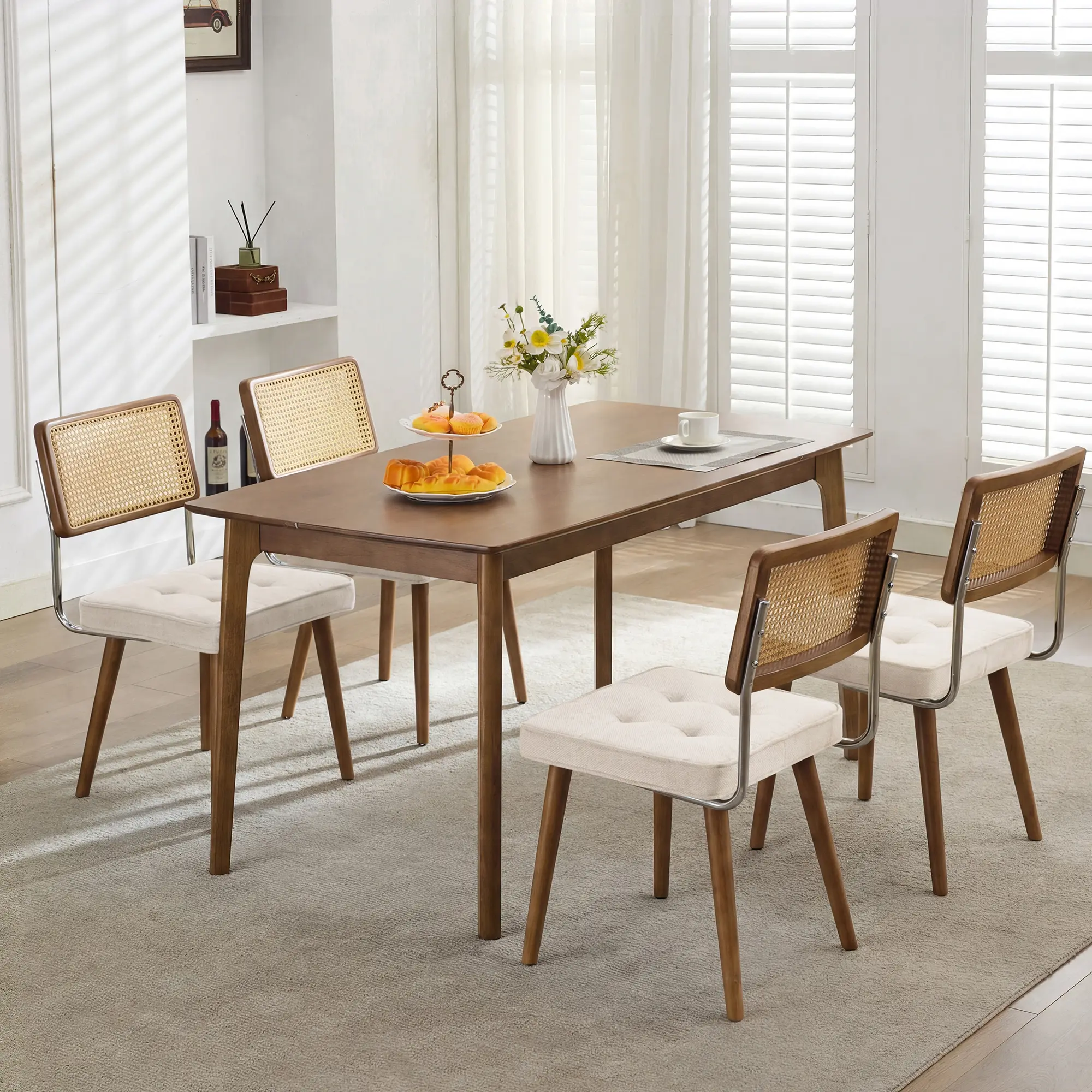 Set of 2 Mid-Century Modern Rattan Dining Chairs - Cane Back - Upholstered Linen or Velvet Seat - Solid Wood Frame - Comfortable Boho Chic Design - Ideal for Dining Room, Kitchen, Lounge, Restaurant