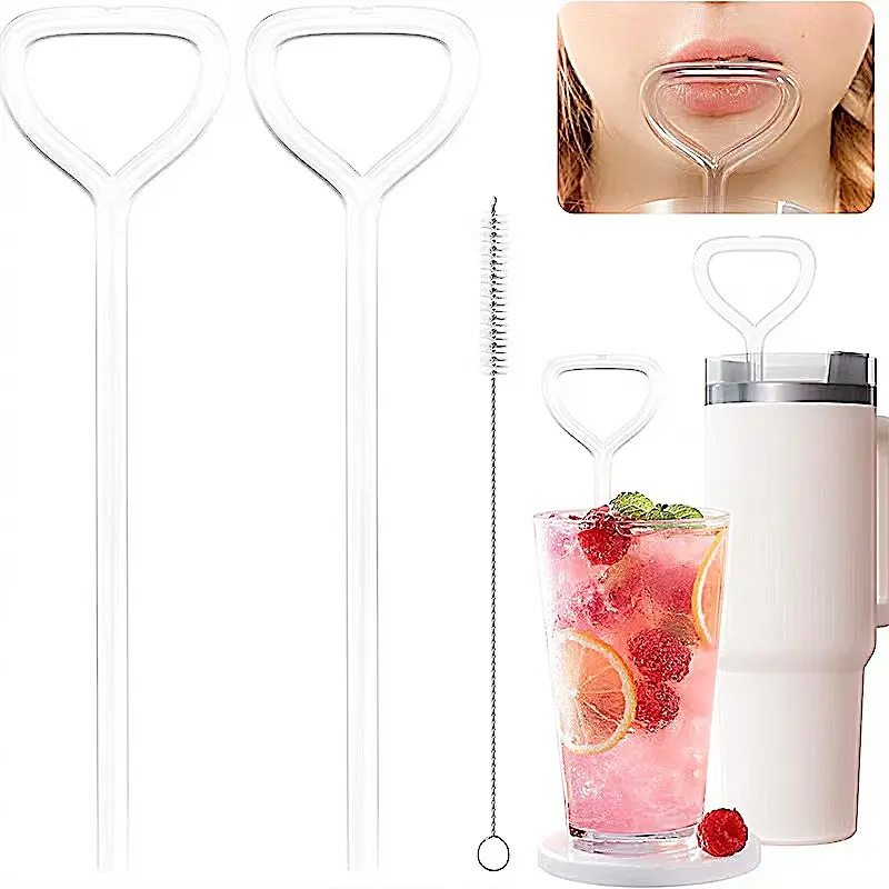 Anti-lip crease straw - Heart-shaped seamless glass straw, reusable curved straw, equipped with a cleaning brush, suitable for women's creative lip balm-friendly straws
