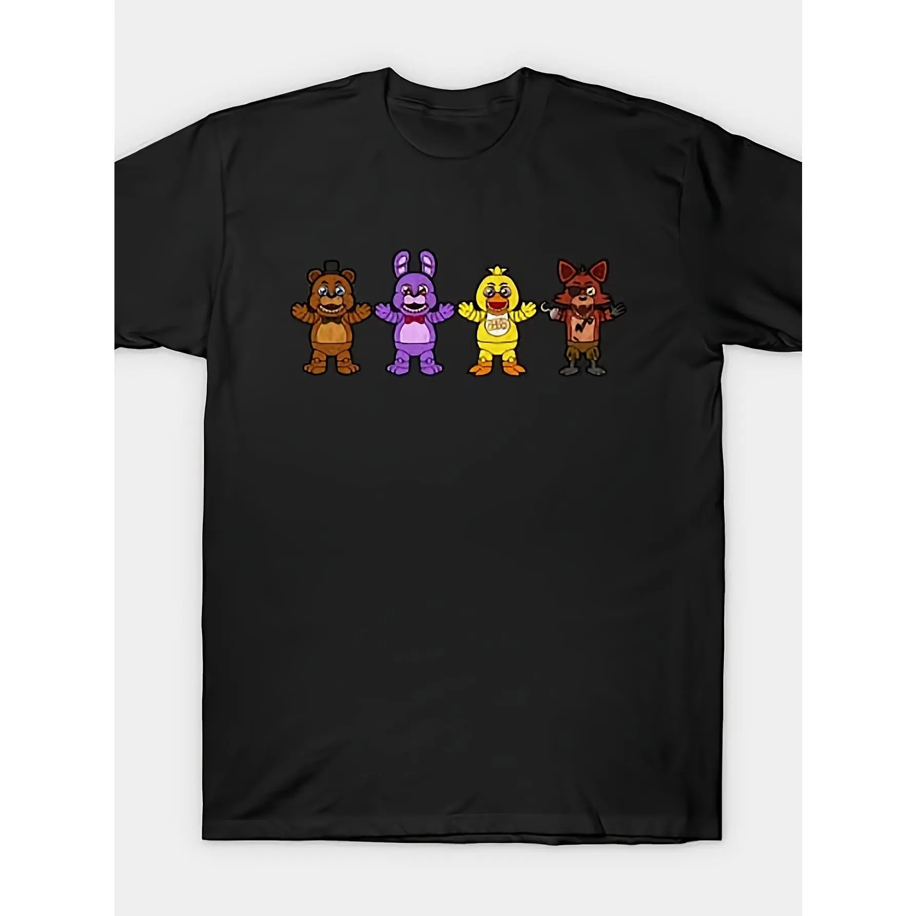 Upgrade your casual wardrobe with this Five Nights At Freddy’s Four Core Animatronics Row Short Sleeve Crew Neck Pullover Tops, Cute Cartoon Full Body Freddy Bonnie Chica Foxy Standing In Line Print Regular Fit Knit Tees With Skin Friendly Slight Stretch