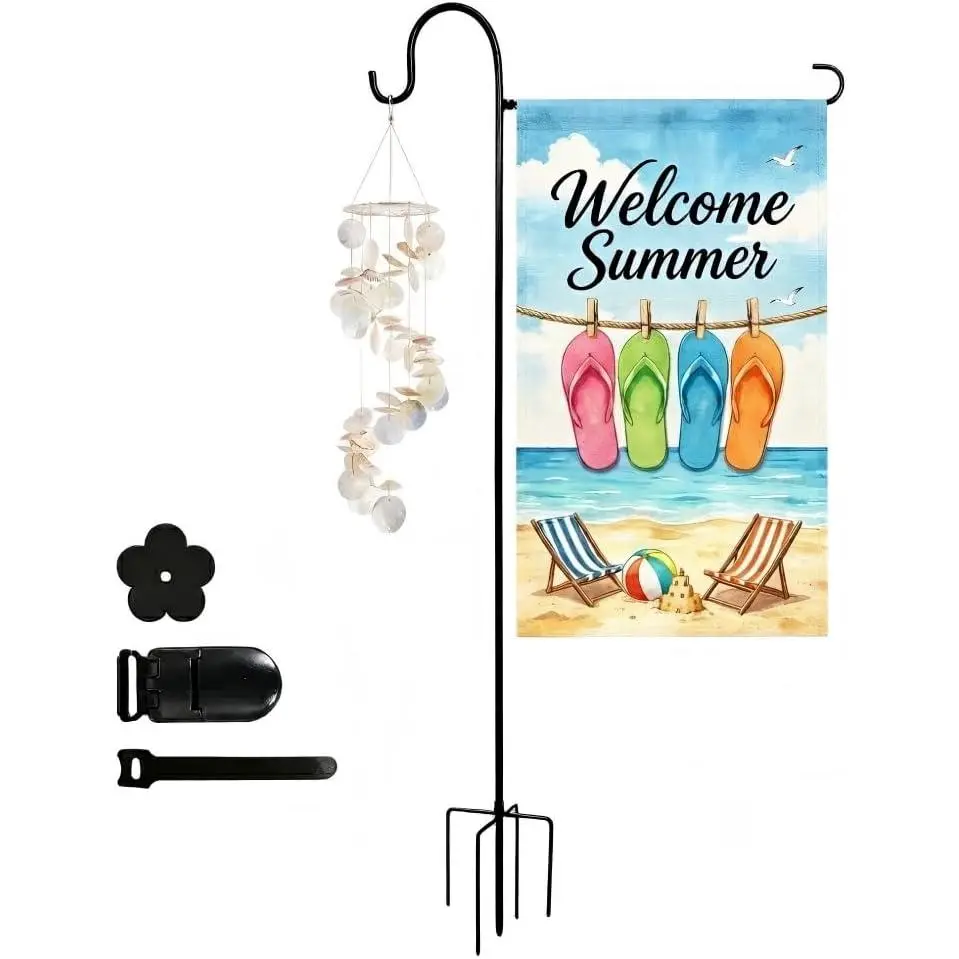 Heavy-Duty Garden Flag Stand with Shepherd's Hook Holder – Sturdy Metal Frame for 12x18 Inch Flags & String Lights, Weather-Resistant Outdoor Lawn, Patio, Yard Decorations (Only Flag Pole)