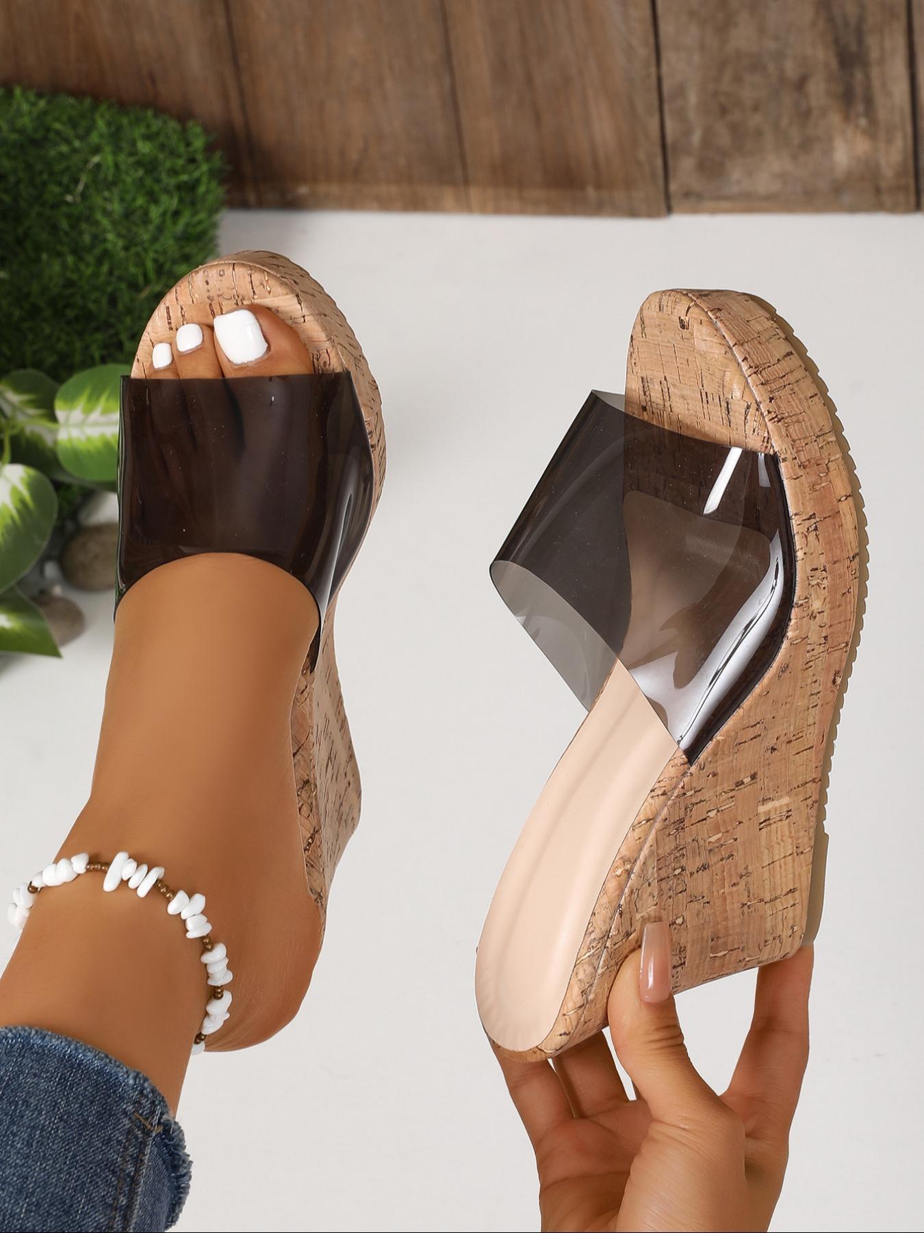 Women's Fashionable Cork Wedge Sandals, Casual Comfortable Transparent High Heel Platform Sandals for Summer, Female All-match Wedge Sandals for Daily Wear