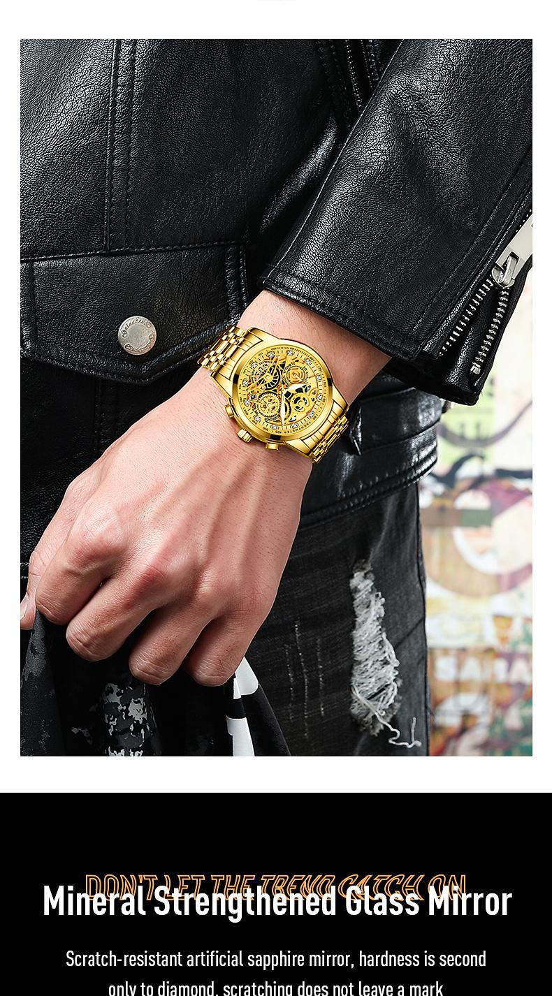 Men's Luxury Gold Skeleton Quartz Watch - Fully Iced Out Diamond Encrusted Wristwatch with Chronograph Tachymeter, Date Display, Stainless Steel Band, Perfect Gift for Him