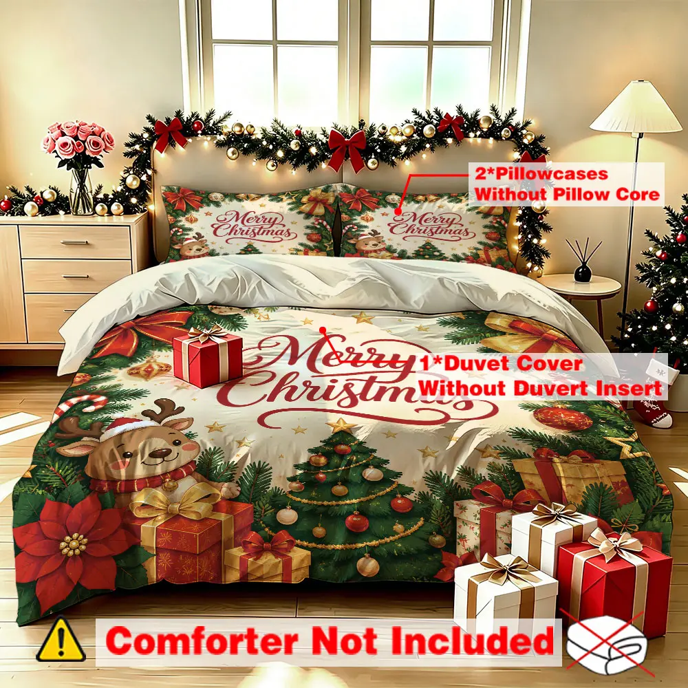 3-piece Christmas reindeer Christmas tree gift set (one bedspread, two pillowcases) without filling, suitable for single beds, double beds, and bedrooms, student dormitories, e-sports hotels, and gift-giving occasions.