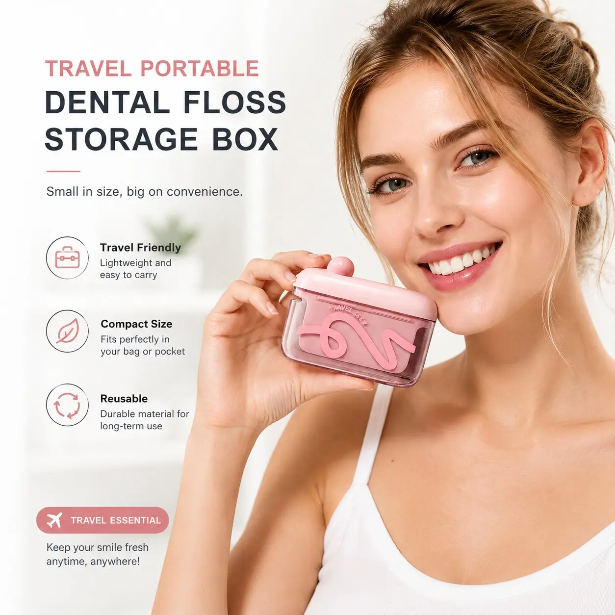 Mini Travel Dental Floss Holder with One Press Automatic Dispenser, Reusable Toothpick Organizer for Home Office Restaurant Camping Vacation, Stylish Bathroom Accessory for Women, Perfect Birthday Holiday Gift for Girlfriend Wife Mom