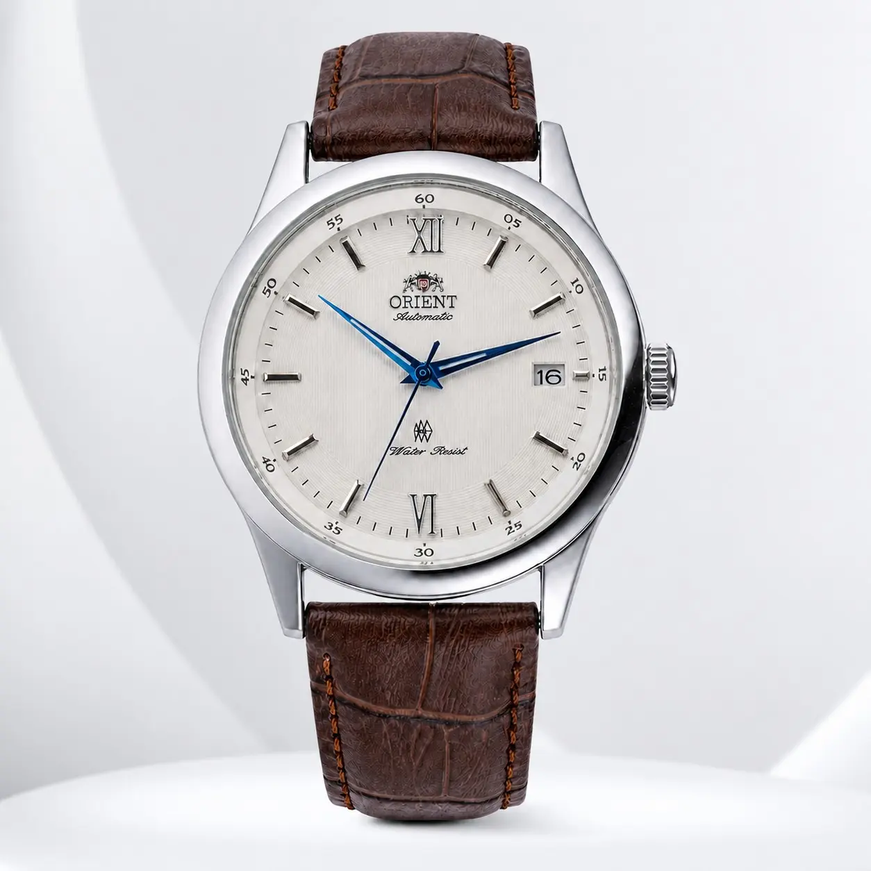Men's Automatic Mechanical Watch - Silver Case, White Dial with Roman Numerals & Blue Hands, Brown Crocodile Grain Leather Strap, Date Display, Water Resistant Business Dress Wristwatch, Minimal Luxury Timepiece, Birthday Gift for Men