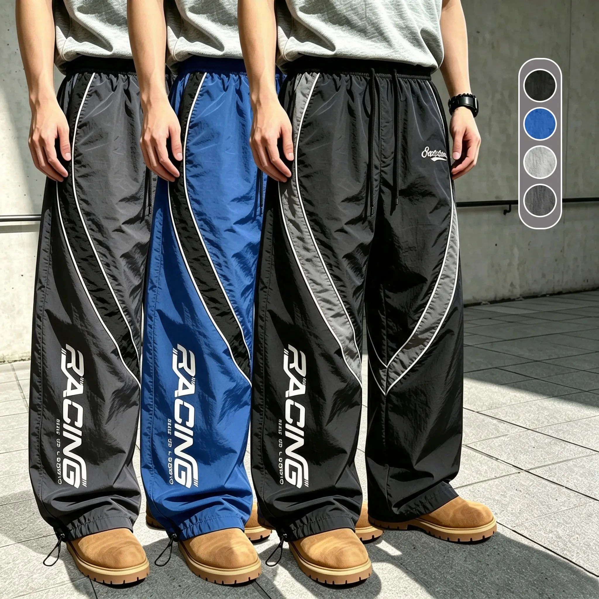 Summer American Streetwear Racing Stripe Jogger Pants for Men - Lightweight Quick-Dry Functional Workwear Pants - Loose-Fit Straight Wide Leg Paratrooper Casual Long Pants