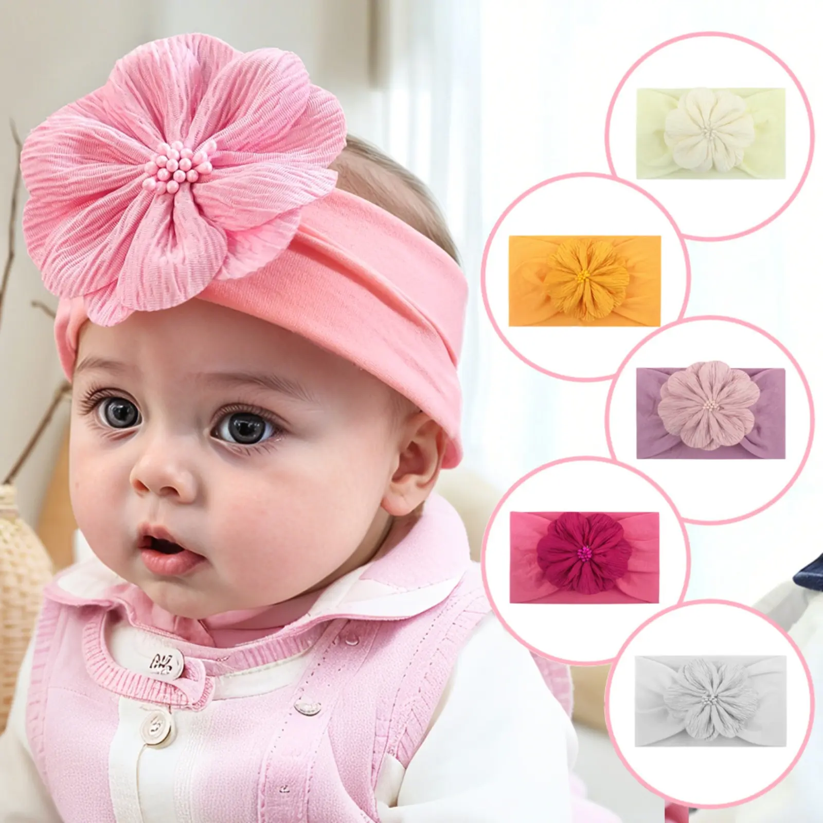 Women's Wide Soft Turban Headband - Floral Pearl Accent, Textured Crinkled Elastic Fabric, Wide Fit, for Casual Outdoor Sports, All-Season Wear