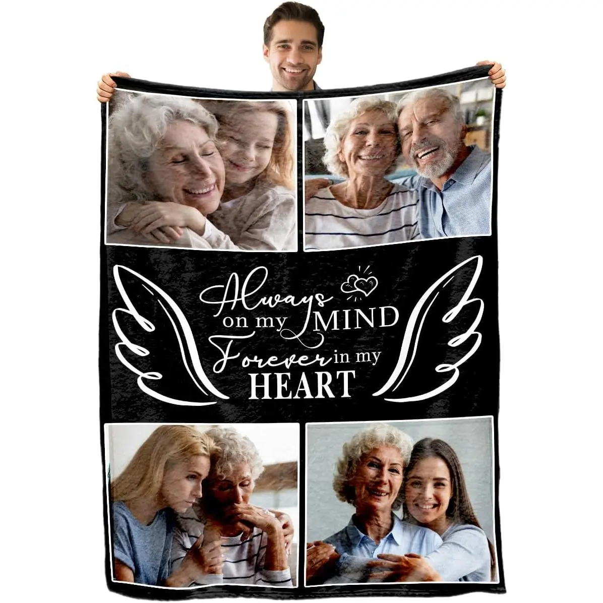 Memorial Throw Blanket, 1 Piece Soft Warm Flannel Custom 4 Photo Blanket, Angel Wings Forever In My Heart Design, Lightweight Portable Travel Blanket for Car Couch, Personalized Sympathy Remembrance Gift, Keepsake Decor