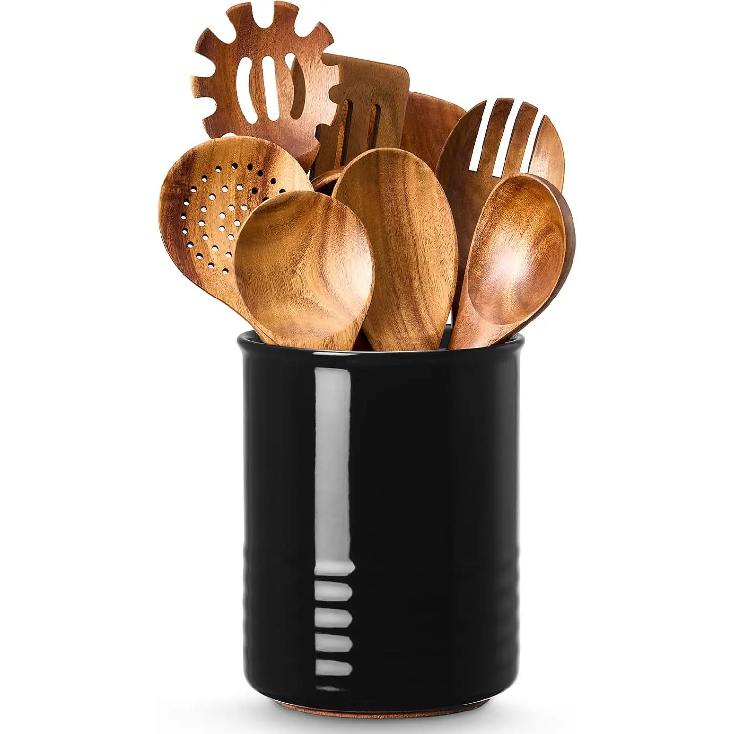 Utensil Holder, 6.7" Ceramic Kitchen Utensil Crock for Countertop Cooking, Modern Utensil  Jar Organizer for  Kitchen Counter Decor (Black)