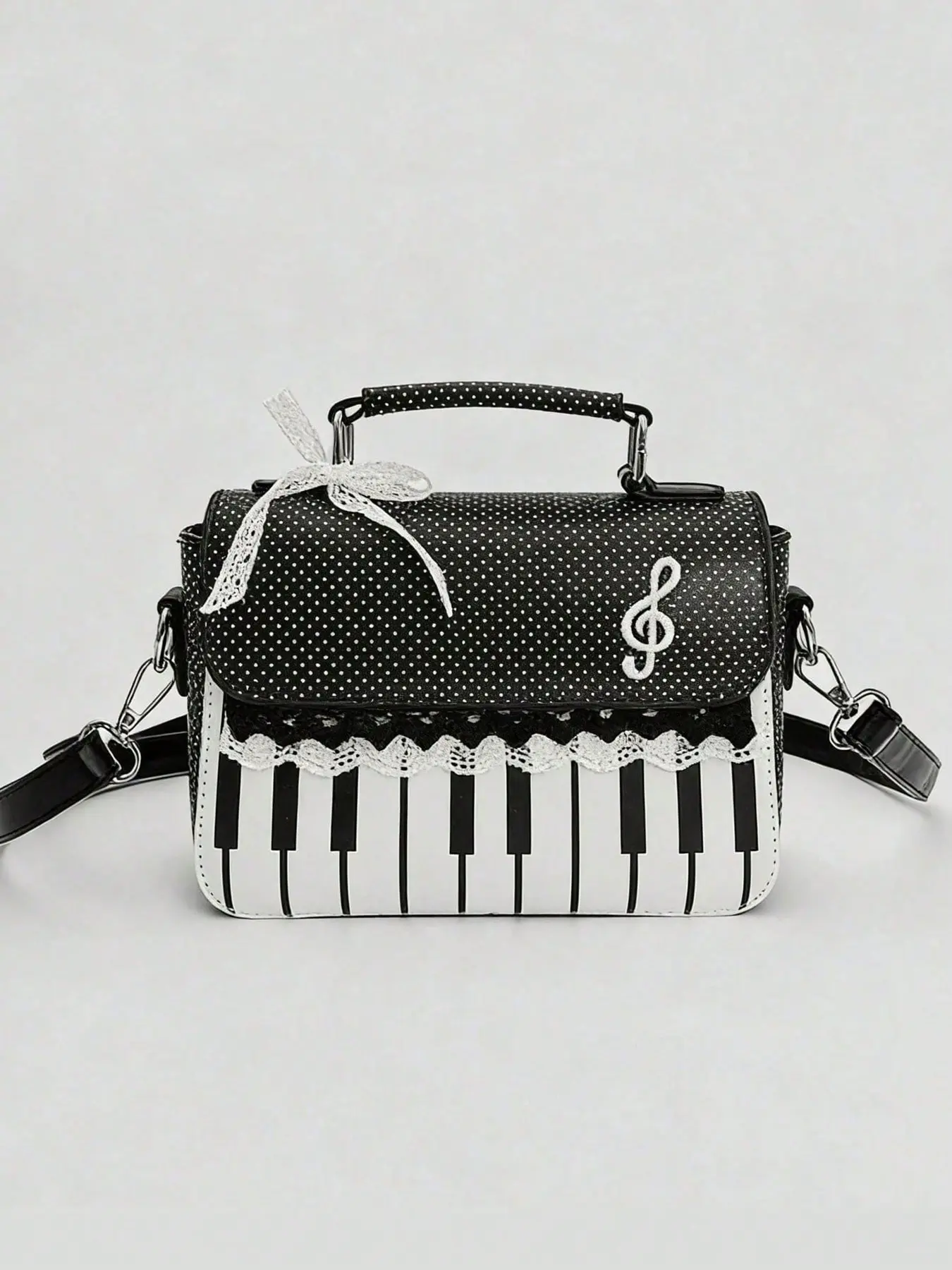 Gentle and cute trend, flowing flip top handbag, decorated with piano, music, and polka dot printing elements, niche design, versatile single shoulder crossbody bag, can accommodate mobile phones and lipstick