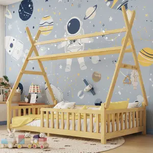 Twin Size Natural Wood Floor Bed for Kids - Toddler Floor Bed with Rectangular Removable Roof Frame, DIY Single-Color LED Light, Full Surround Guardrail, 250LBS High Load, 8 Wood Slats, No Box Spring, Easy Assembly