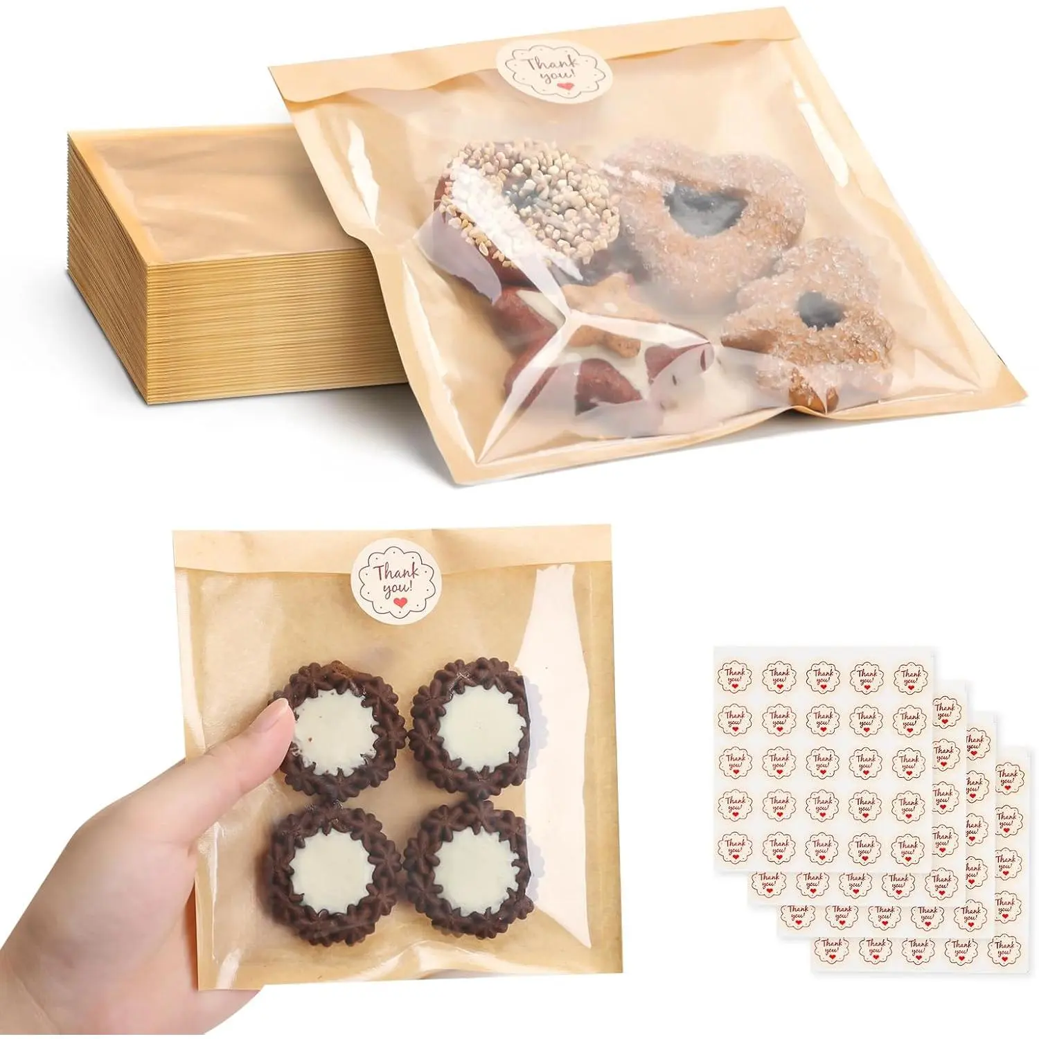 100 Pack Cookie Packaging Bags With Seal Stickers, 5.7x6.5 Inch -Grade Bakery Bags With Window, Heat Sealable Paper Cookie Sleeves for Homemade, Cookies, Cakes, Brown, Donut